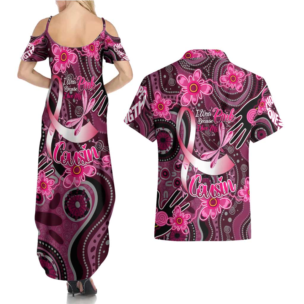 Breast Cancer Australian Aboriginal Couples Matching Summer Maxi Dress and Hawaiian Shirt I Wear Pink Because I Love My Cousin