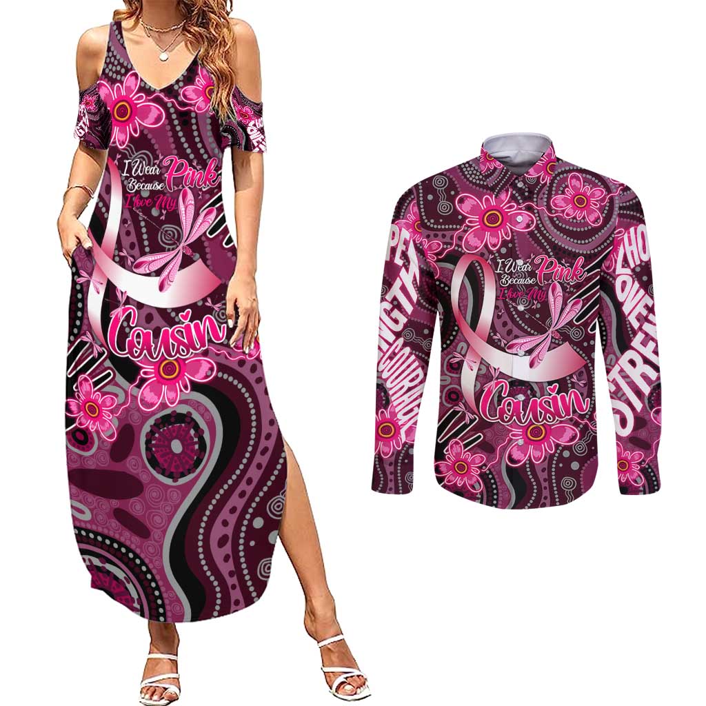 Breast Cancer Australian Aboriginal Couples Matching Summer Maxi Dress and Long Sleeve Button Shirt I Wear Pink Because I Love My Cousin