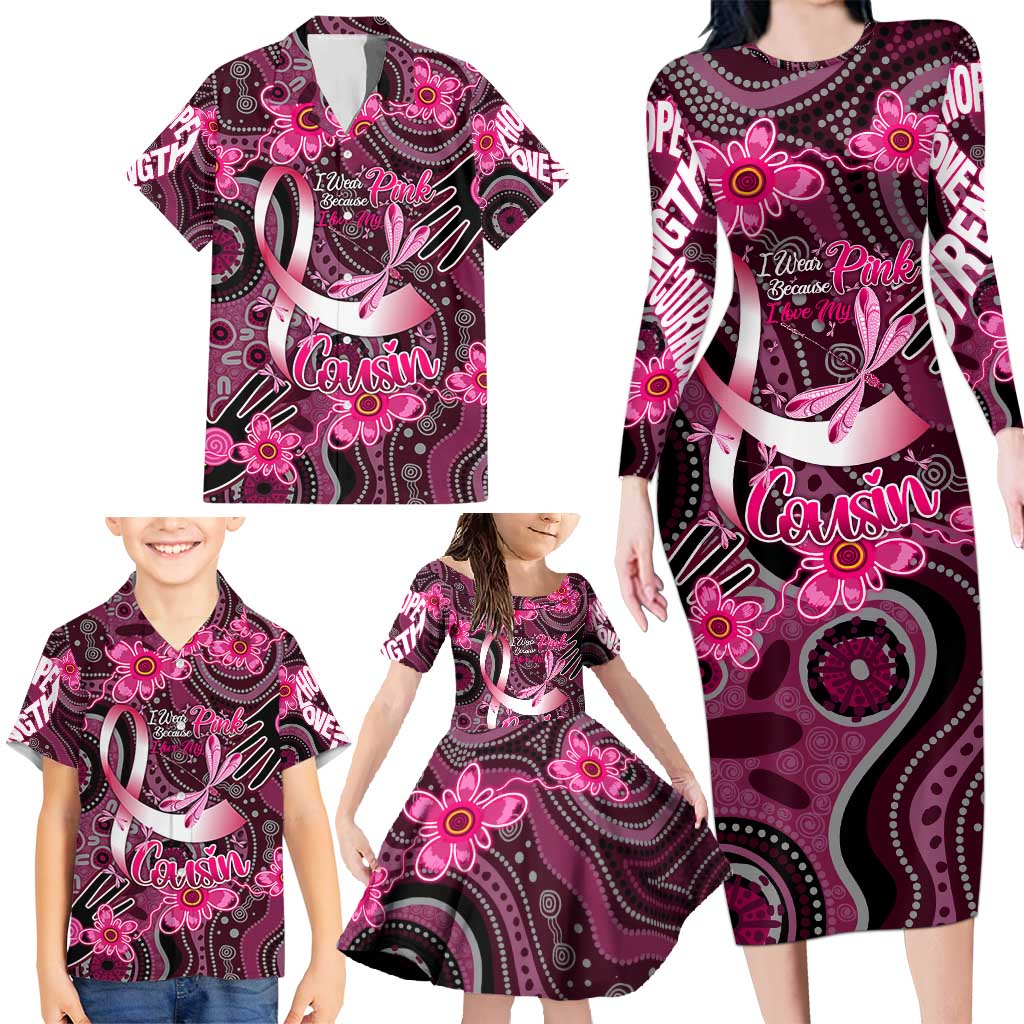 Breast Cancer Australian Aboriginal Family Matching Long Sleeve Bodycon Dress and Hawaiian Shirt I Wear Pink Because I Love My Cousin