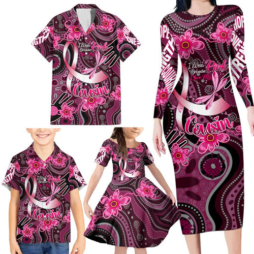 Breast Cancer Australian Aboriginal Family Matching Long Sleeve Bodycon Dress and Hawaiian Shirt I Wear Pink Because I Love My Cousin