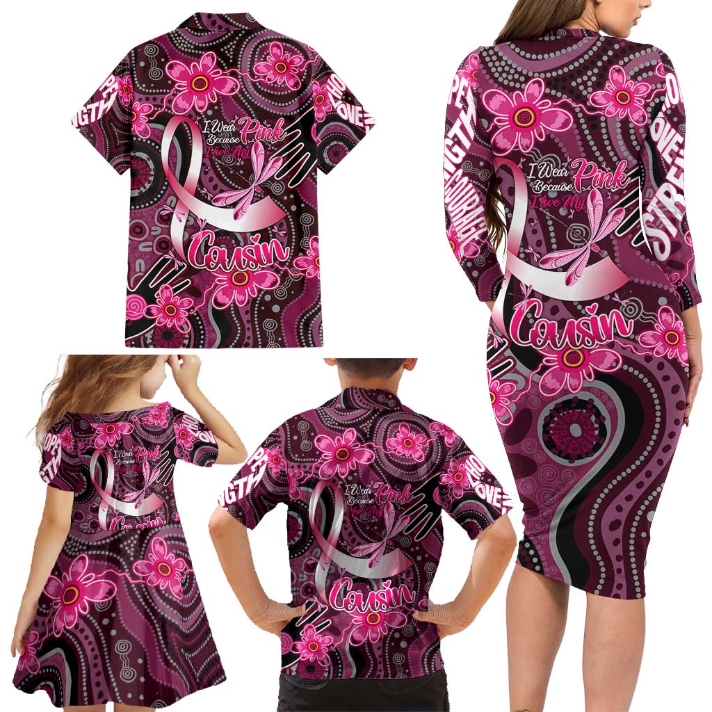 Breast Cancer Australian Aboriginal Family Matching Long Sleeve Bodycon Dress and Hawaiian Shirt I Wear Pink Because I Love My Cousin