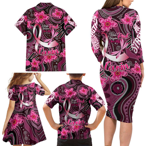 Breast Cancer Australian Aboriginal Family Matching Long Sleeve Bodycon Dress and Hawaiian Shirt I Wear Pink Because I Love My Cousin