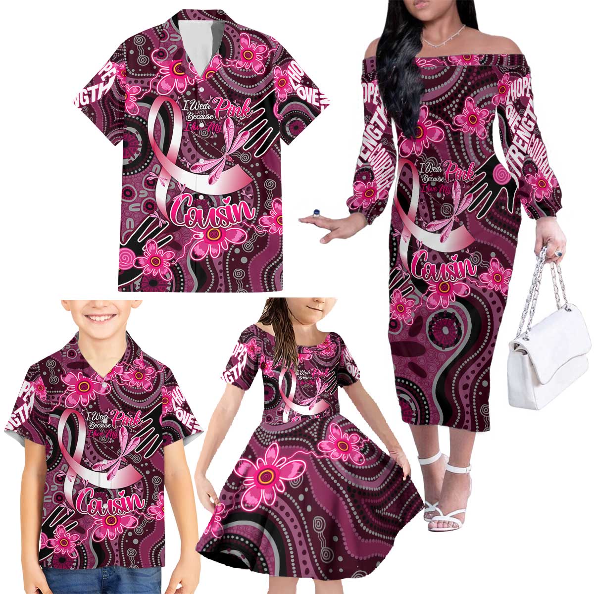 Breast Cancer Australian Aboriginal Family Matching Off The Shoulder Long Sleeve Dress and Hawaiian Shirt I Wear Pink Because I Love My Cousin
