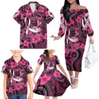 Breast Cancer Australian Aboriginal Family Matching Off The Shoulder Long Sleeve Dress and Hawaiian Shirt I Wear Pink Because I Love My Cousin