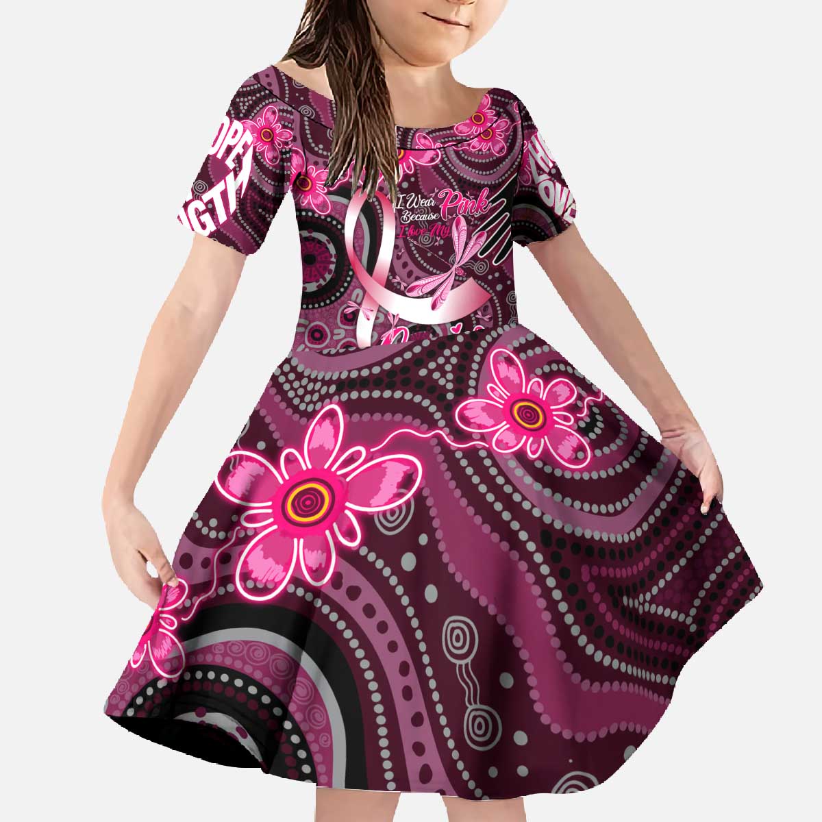Breast Cancer Australian Aboriginal Family Matching Off The Shoulder Long Sleeve Dress and Hawaiian Shirt I Wear Pink Because I Love My Cousin