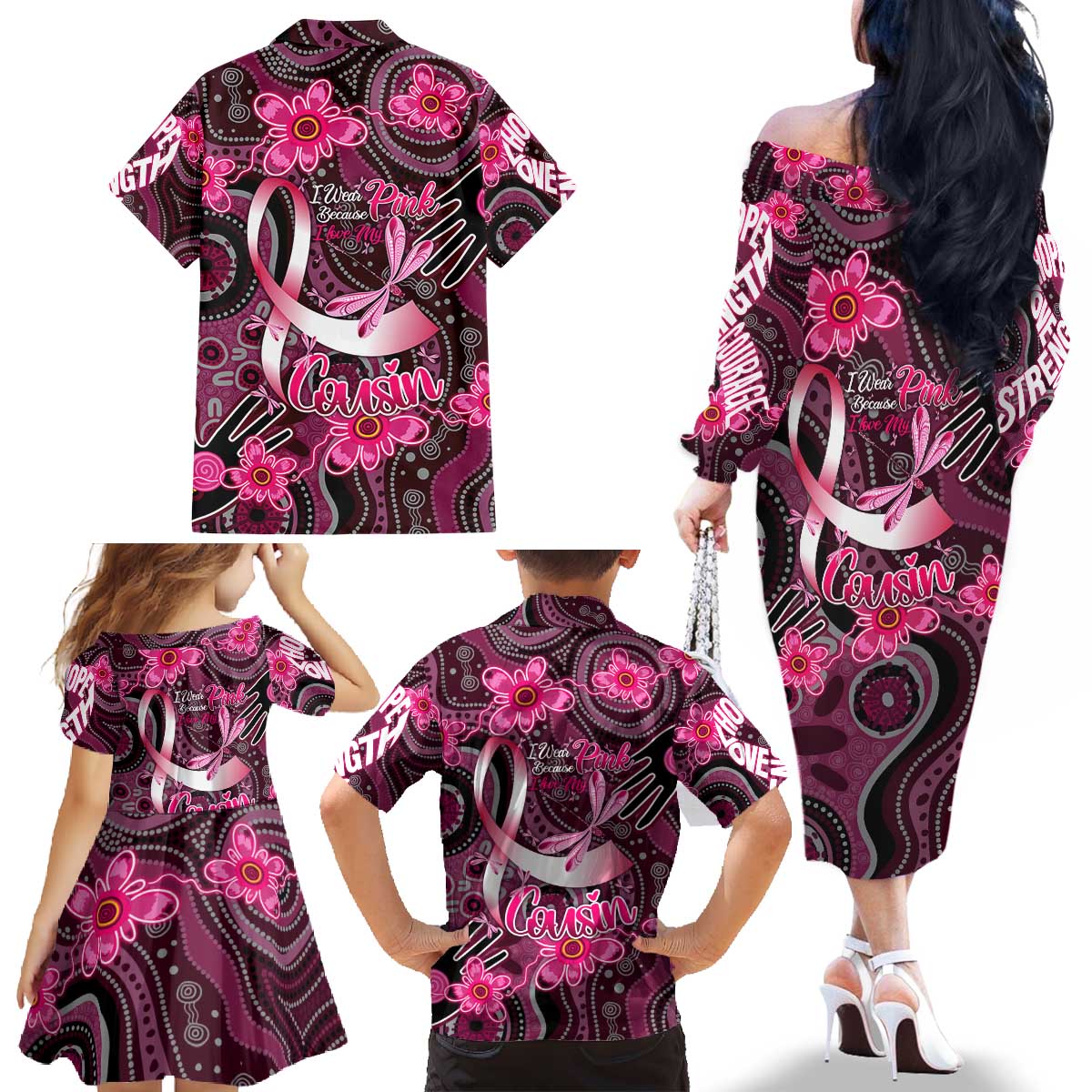 Breast Cancer Australian Aboriginal Family Matching Off The Shoulder Long Sleeve Dress and Hawaiian Shirt I Wear Pink Because I Love My Cousin