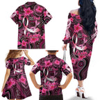 Breast Cancer Australian Aboriginal Family Matching Off The Shoulder Long Sleeve Dress and Hawaiian Shirt I Wear Pink Because I Love My Cousin