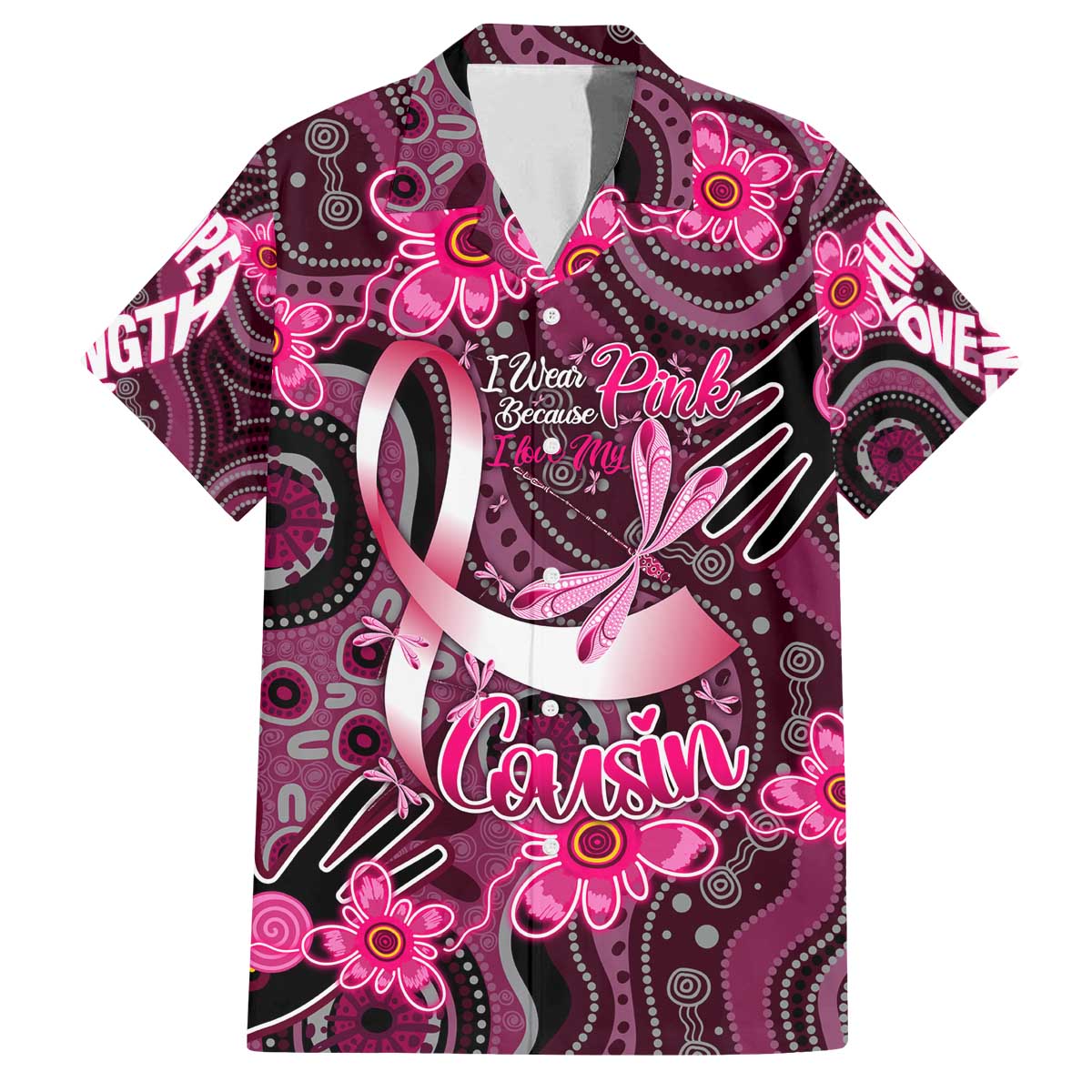 Breast Cancer Australian Aboriginal Family Matching Off The Shoulder Long Sleeve Dress and Hawaiian Shirt I Wear Pink Because I Love My Cousin