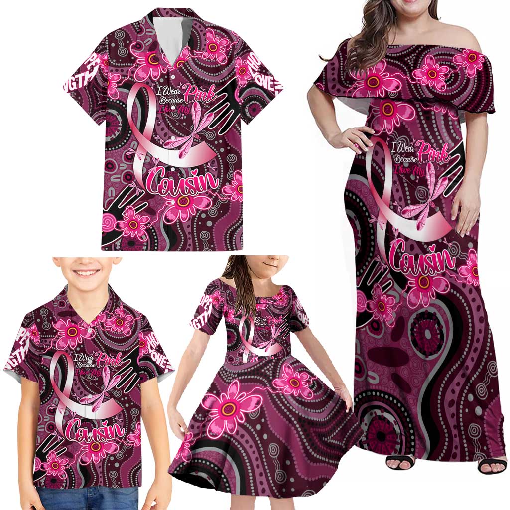 Breast Cancer Australian Aboriginal Family Matching Off Shoulder Maxi Dress and Hawaiian Shirt I Wear Pink Because I Love My Cousin