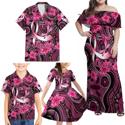 Breast Cancer Australian Aboriginal Family Matching Off Shoulder Maxi Dress and Hawaiian Shirt I Wear Pink Because I Love My Cousin