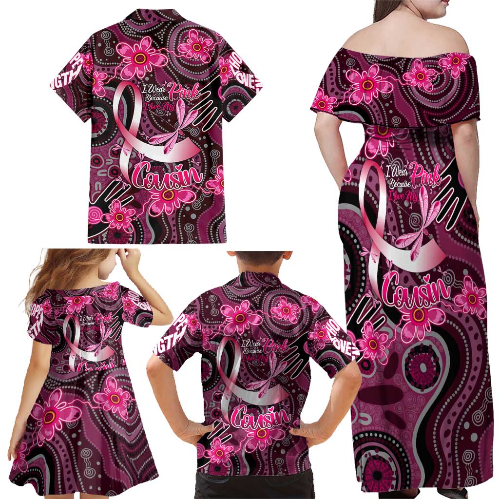Breast Cancer Australian Aboriginal Family Matching Off Shoulder Maxi Dress and Hawaiian Shirt I Wear Pink Because I Love My Cousin