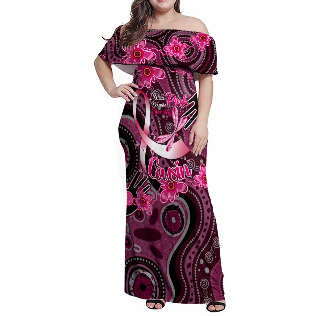 Breast Cancer Australian Aboriginal Family Matching Off Shoulder Maxi Dress and Hawaiian Shirt I Wear Pink Because I Love My Cousin