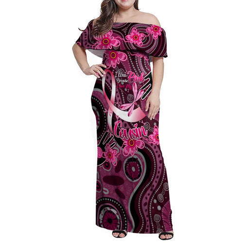 Breast Cancer Australian Aboriginal Family Matching Off Shoulder Maxi Dress and Hawaiian Shirt I Wear Pink Because I Love My Cousin
