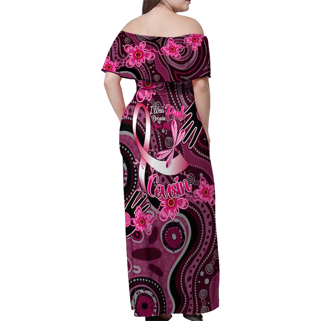 Breast Cancer Australian Aboriginal Family Matching Off Shoulder Maxi Dress and Hawaiian Shirt I Wear Pink Because I Love My Cousin