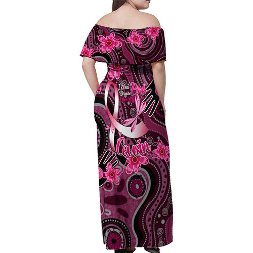 Breast Cancer Australian Aboriginal Family Matching Off Shoulder Maxi Dress and Hawaiian Shirt I Wear Pink Because I Love My Cousin