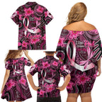 Breast Cancer Australian Aboriginal Family Matching Off Shoulder Short Dress and Hawaiian Shirt I Wear Pink Because I Love My Cousin