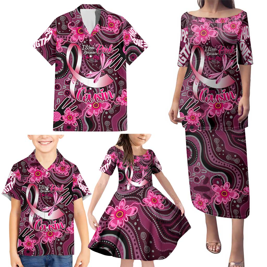 Breast Cancer Australian Aboriginal Family Matching Puletasi and Hawaiian Shirt I Wear Pink Because I Love My Cousin