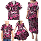 Breast Cancer Australian Aboriginal Family Matching Puletasi and Hawaiian Shirt I Wear Pink Because I Love My Cousin