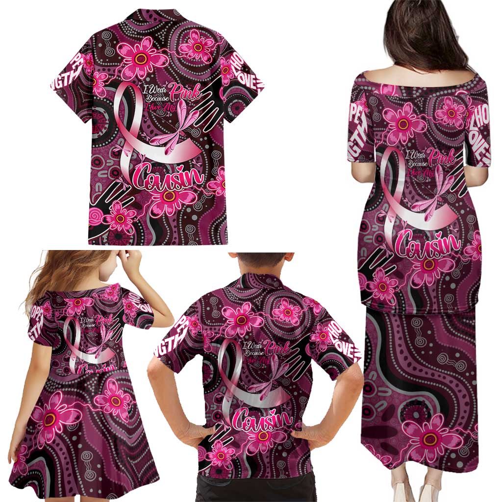 Breast Cancer Australian Aboriginal Family Matching Puletasi and Hawaiian Shirt I Wear Pink Because I Love My Cousin
