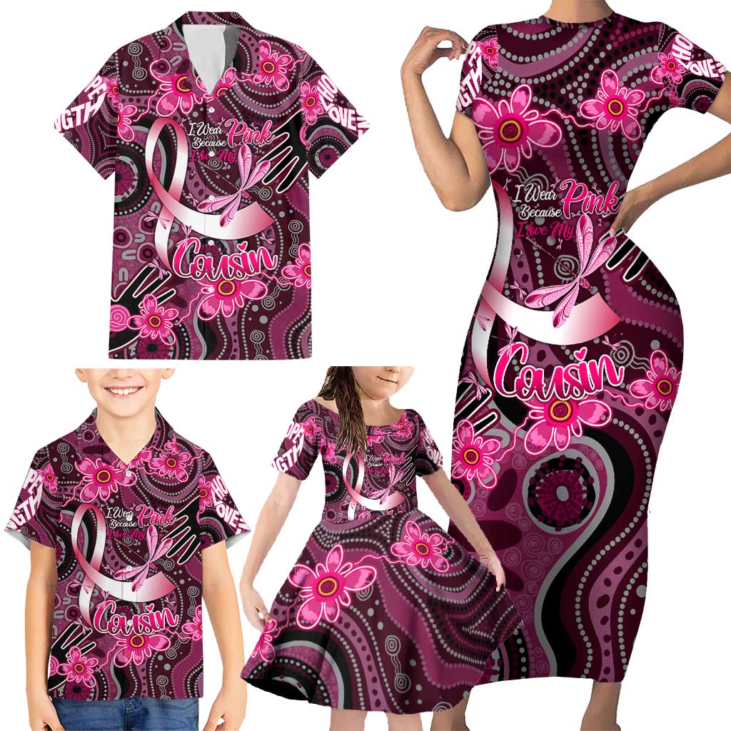Breast Cancer Australian Aboriginal Family Matching Short Sleeve Bodycon Dress and Hawaiian Shirt I Wear Pink Because I Love My Cousin