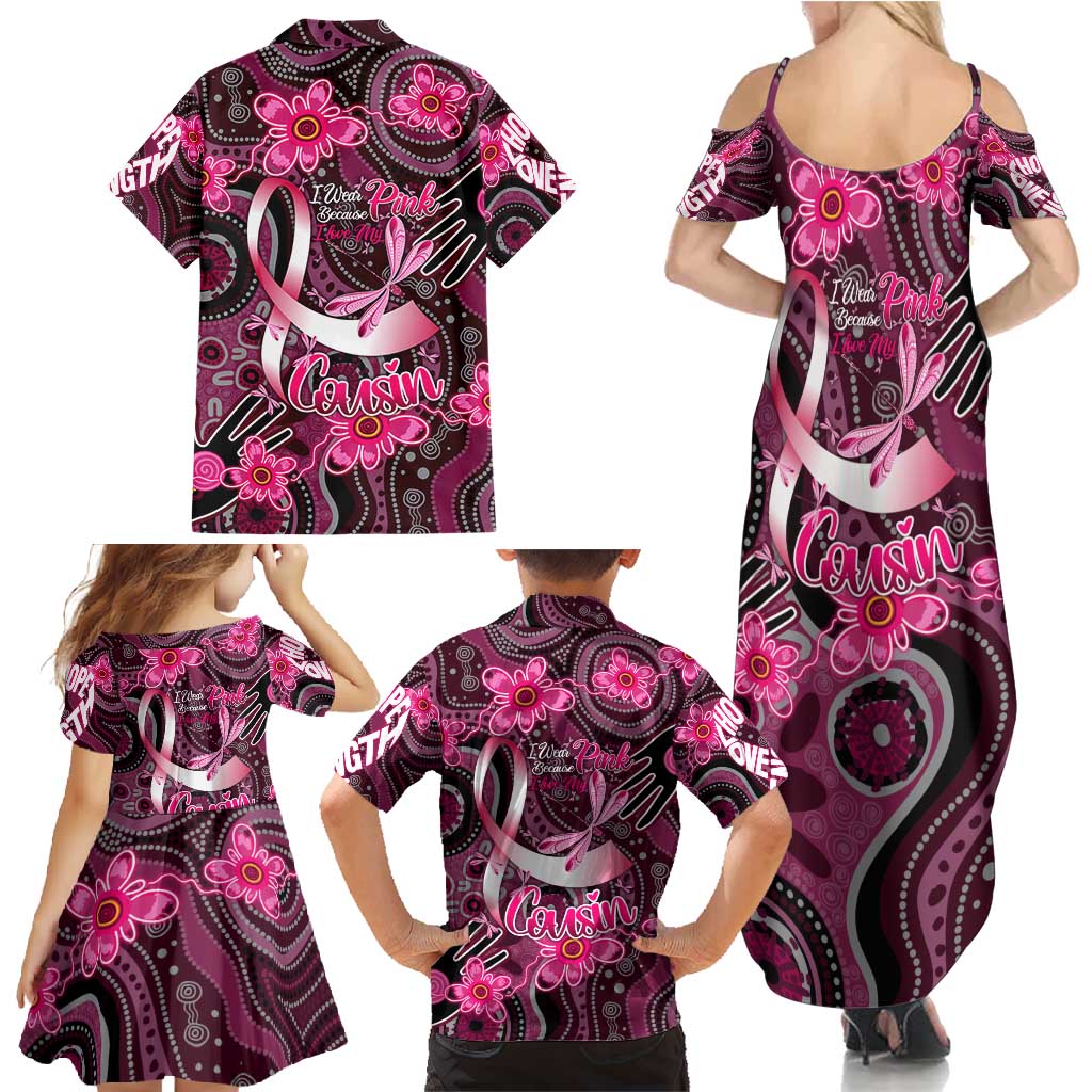 Breast Cancer Australian Aboriginal Family Matching Summer Maxi Dress and Hawaiian Shirt I Wear Pink Because I Love My Cousin