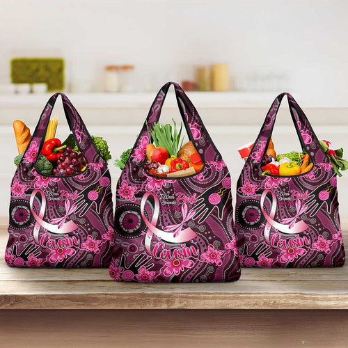 Breast Cancer Australian Aboriginal Grocery Bag I Wear Pink Because I Love My Cousin