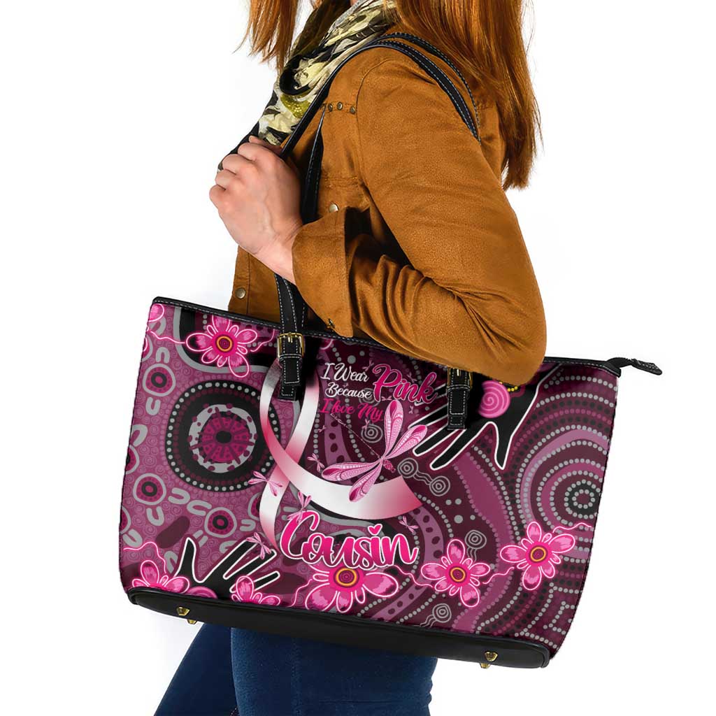Breast Cancer Australian Aboriginal Leather Tote Bag I Wear Pink Because I Love My Cousin