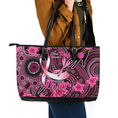 Breast Cancer Australian Aboriginal Leather Tote Bag I Wear Pink Because I Love My Cousin