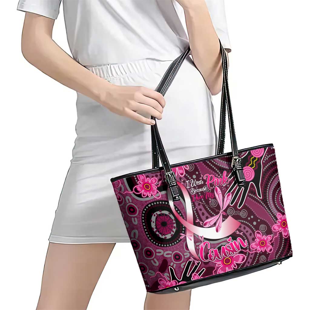 Breast Cancer Australian Aboriginal Leather Tote Bag I Wear Pink Because I Love My Cousin