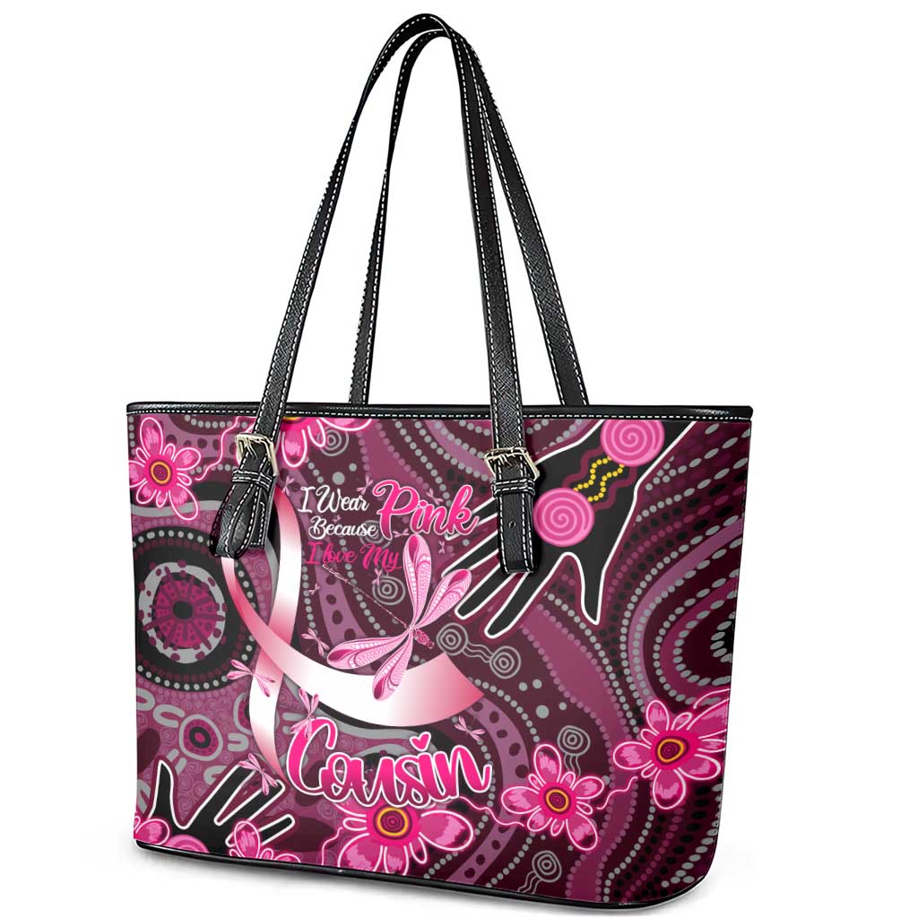 Breast Cancer Australian Aboriginal Leather Tote Bag I Wear Pink Because I Love My Cousin