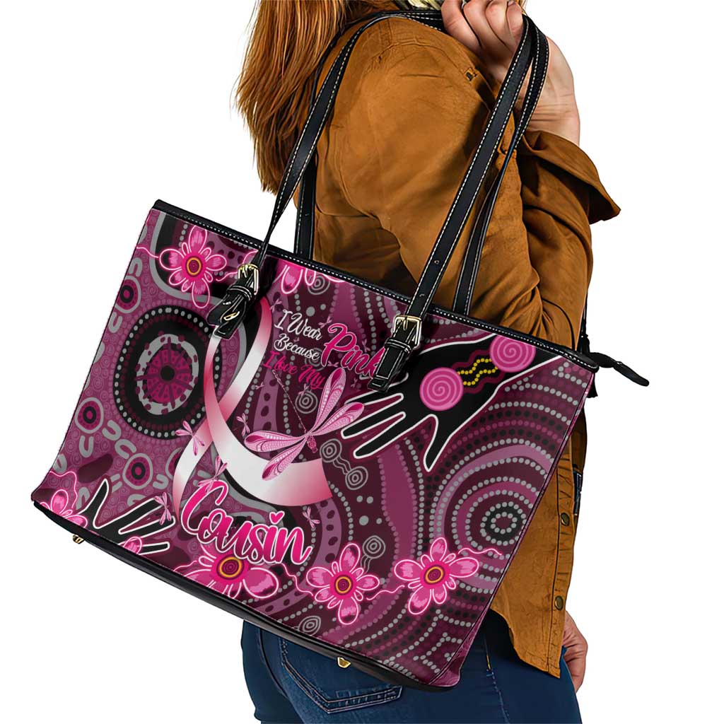 Breast Cancer Australian Aboriginal Leather Tote Bag I Wear Pink Because I Love My Cousin