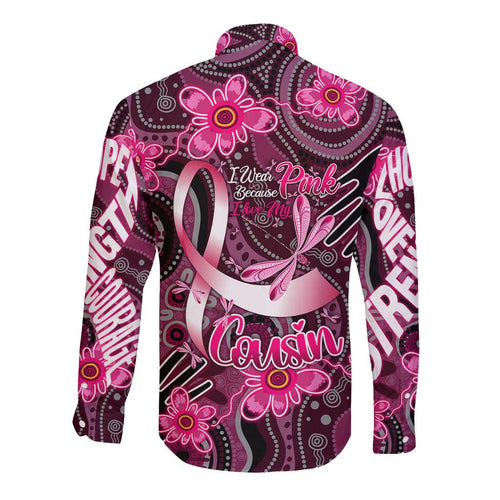 Breast Cancer Australian Aboriginal Long Sleeve Button Shirt I Wear Pink Because I Love My Cousin