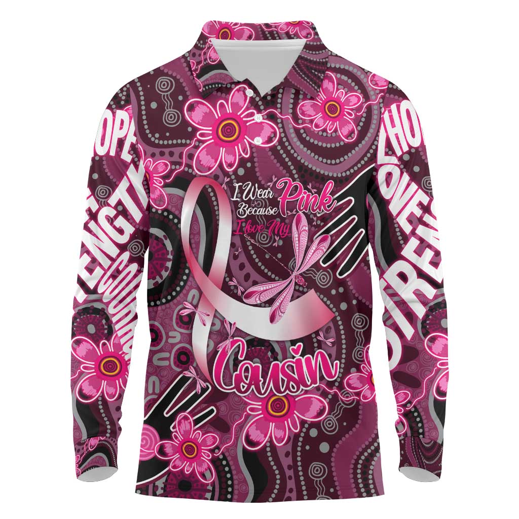 Breast Cancer Australian Aboriginal Long Sleeve Polo Shirt I Wear Pink Because I Love My Cousin