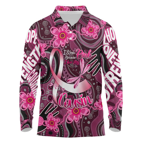 Breast Cancer Australian Aboriginal Long Sleeve Polo Shirt I Wear Pink Because I Love My Cousin