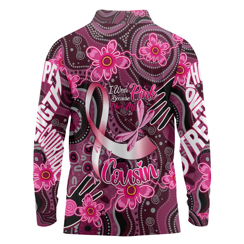 Breast Cancer Australian Aboriginal Long Sleeve Polo Shirt I Wear Pink Because I Love My Cousin