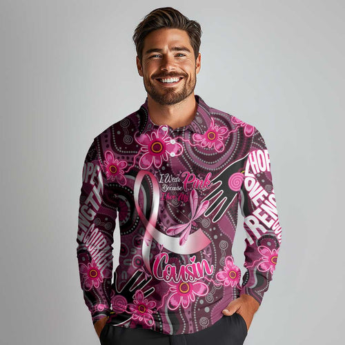 Breast Cancer Australian Aboriginal Long Sleeve Polo Shirt I Wear Pink Because I Love My Cousin