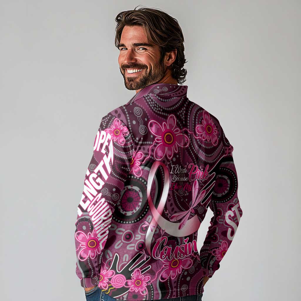 Breast Cancer Australian Aboriginal Long Sleeve Polo Shirt I Wear Pink Because I Love My Cousin