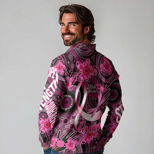 Breast Cancer Australian Aboriginal Long Sleeve Polo Shirt I Wear Pink Because I Love My Cousin