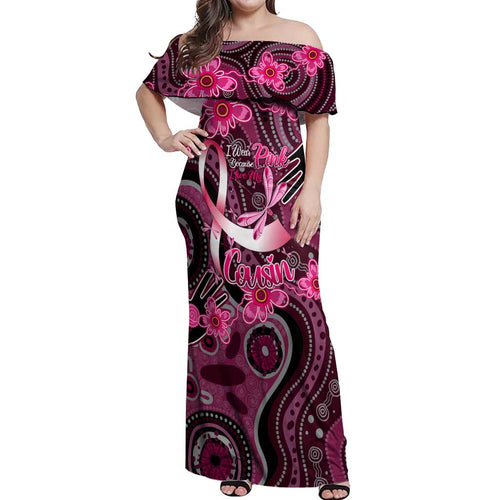 Breast Cancer Australian Aboriginal Off Shoulder Maxi Dress I Wear Pink Because I Love My Cousin