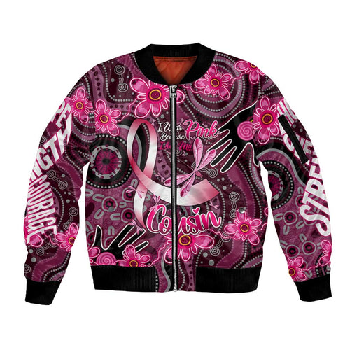 Breast Cancer Australian Aboriginal Sleeve Zip Bomber Jacket I Wear Pink Because I Love My Cousin
