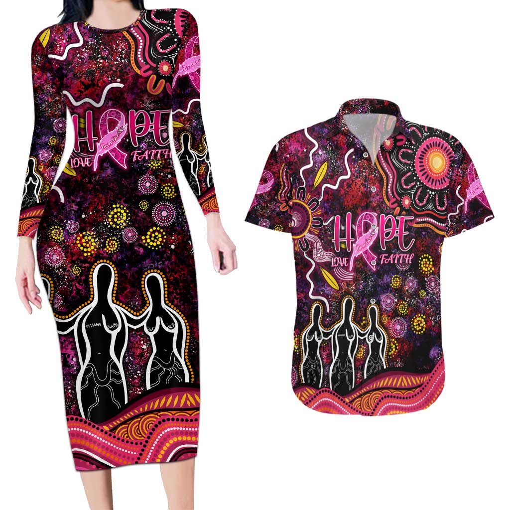 Breast Cancer Aboriginal Couples Matching Long Sleeve Bodycon Dress and Hawaiian Shirt Australian Indigenous Never Give Up - Faith Hope Love