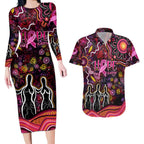 Breast Cancer Aboriginal Couples Matching Long Sleeve Bodycon Dress and Hawaiian Shirt Australian Indigenous Never Give Up - Faith Hope Love