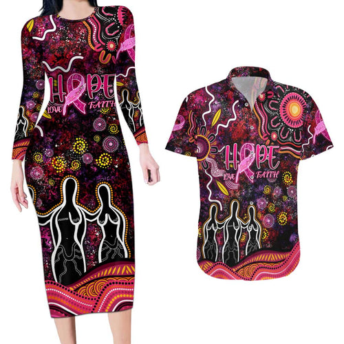 Breast Cancer Aboriginal Couples Matching Long Sleeve Bodycon Dress and Hawaiian Shirt Australian Indigenous Never Give Up - Faith Hope Love