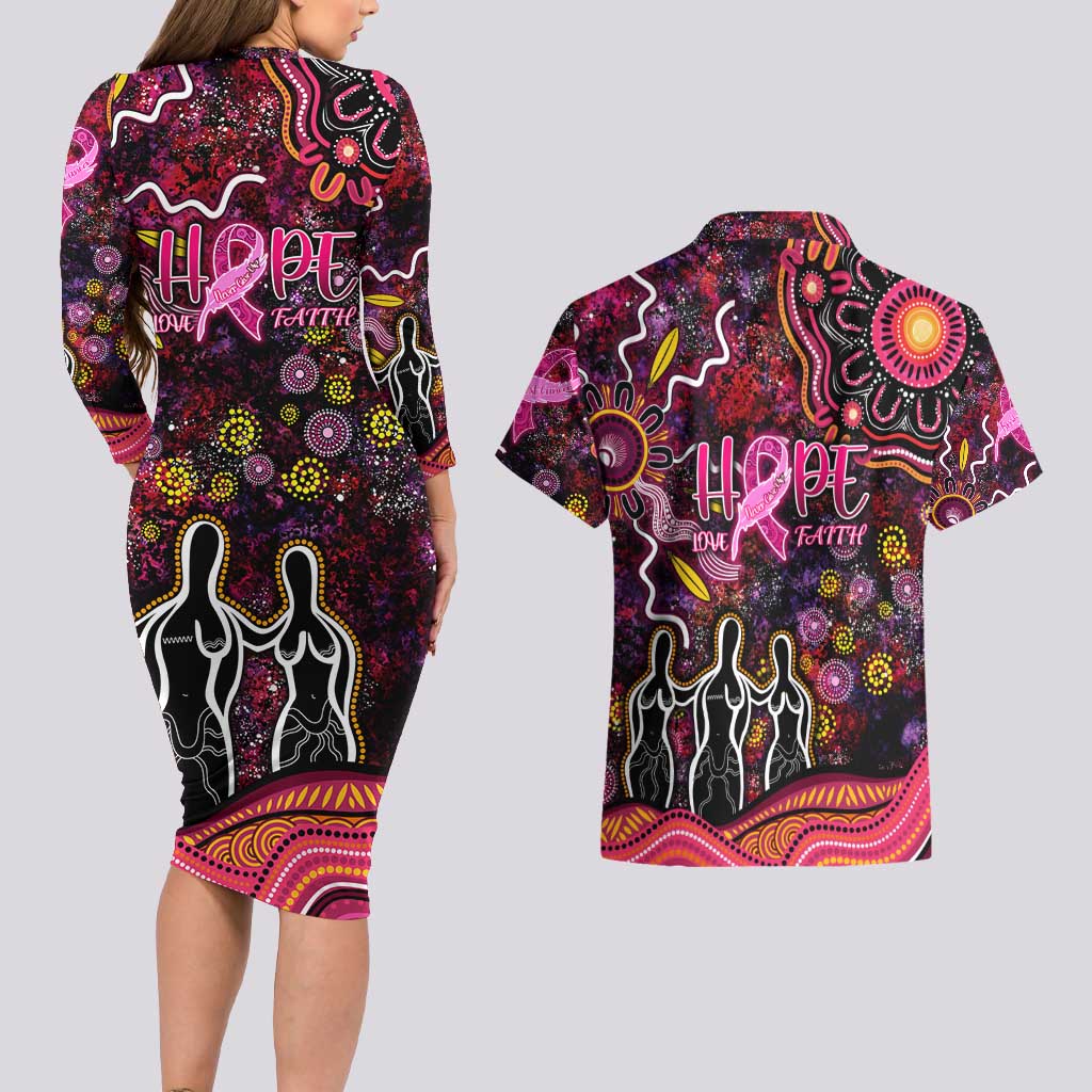 Breast Cancer Aboriginal Couples Matching Long Sleeve Bodycon Dress and Hawaiian Shirt Australian Indigenous Never Give Up - Faith Hope Love