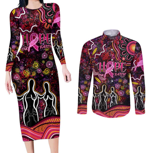 Breast Cancer Aboriginal Couples Matching Long Sleeve Bodycon Dress and Long Sleeve Button Shirt Australian Indigenous Never Give Up - Faith Hope Love