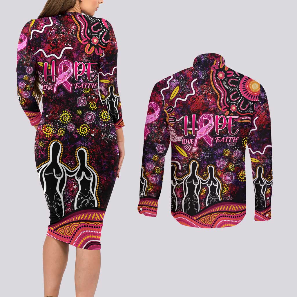 Breast Cancer Aboriginal Couples Matching Long Sleeve Bodycon Dress and Long Sleeve Button Shirt Australian Indigenous Never Give Up - Faith Hope Love