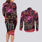 Breast Cancer Aboriginal Couples Matching Long Sleeve Bodycon Dress and Long Sleeve Button Shirt Australian Indigenous Never Give Up - Faith Hope Love