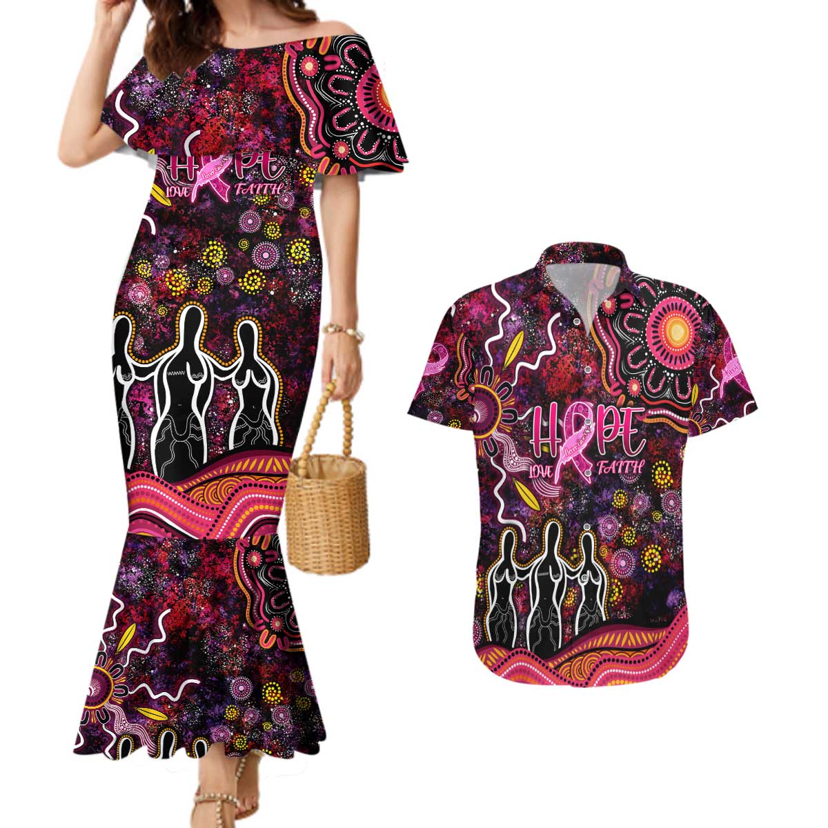 Breast Cancer Aboriginal Couples Matching Mermaid Dress and Hawaiian Shirt Australian Indigenous Never Give Up - Faith Hope Love