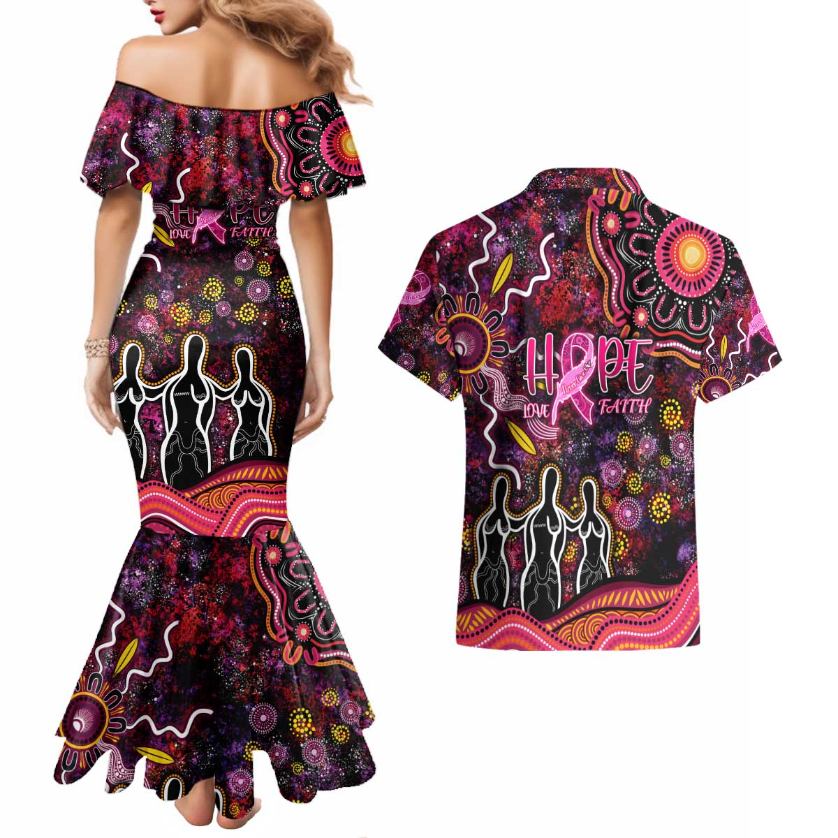 Breast Cancer Aboriginal Couples Matching Mermaid Dress and Hawaiian Shirt Australian Indigenous Never Give Up - Faith Hope Love