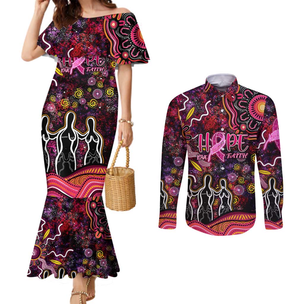 Breast Cancer Aboriginal Couples Matching Mermaid Dress and Long Sleeve Button Shirt Australian Indigenous Never Give Up - Faith Hope Love